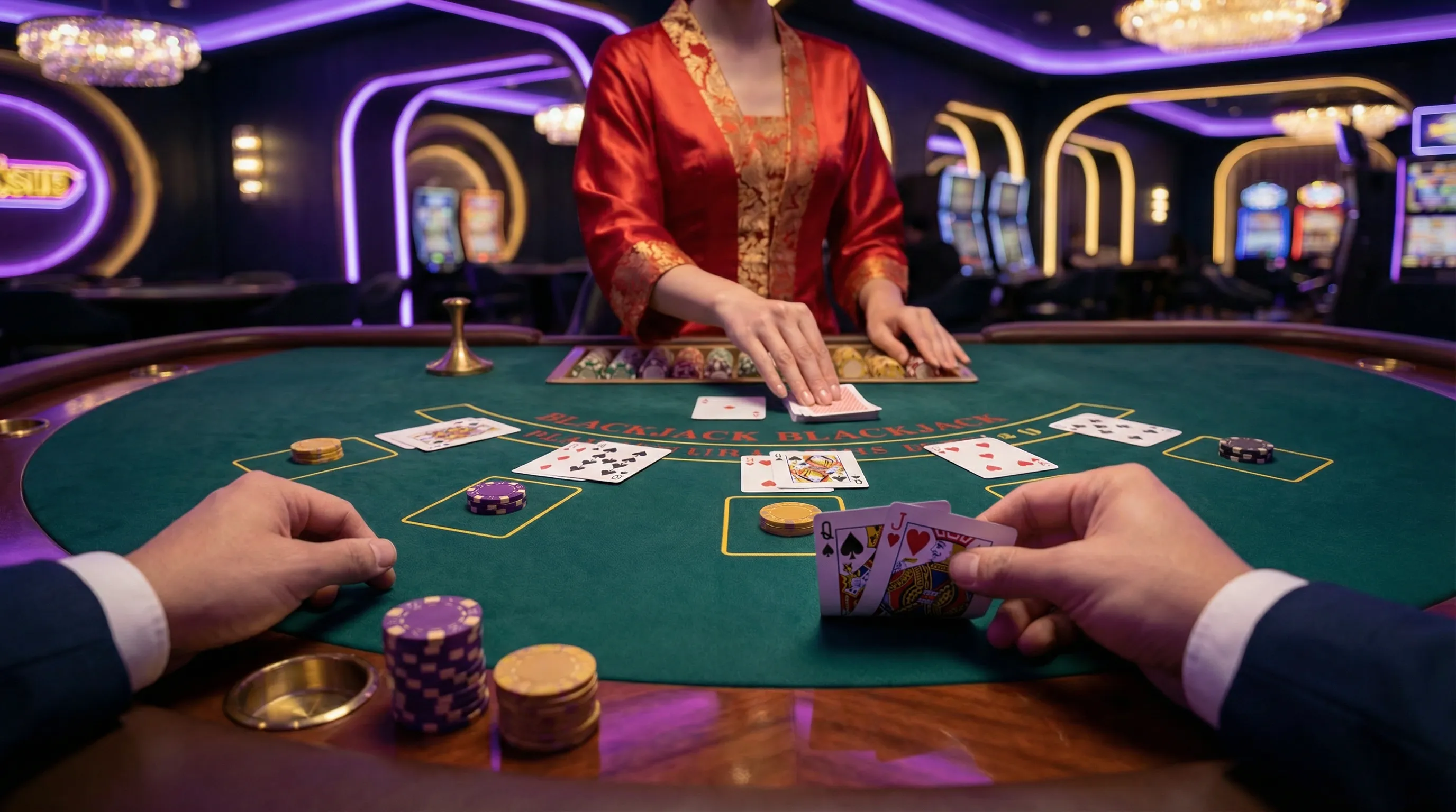 Mesa de blackjack vaidebet com cartas e fichas de cassino